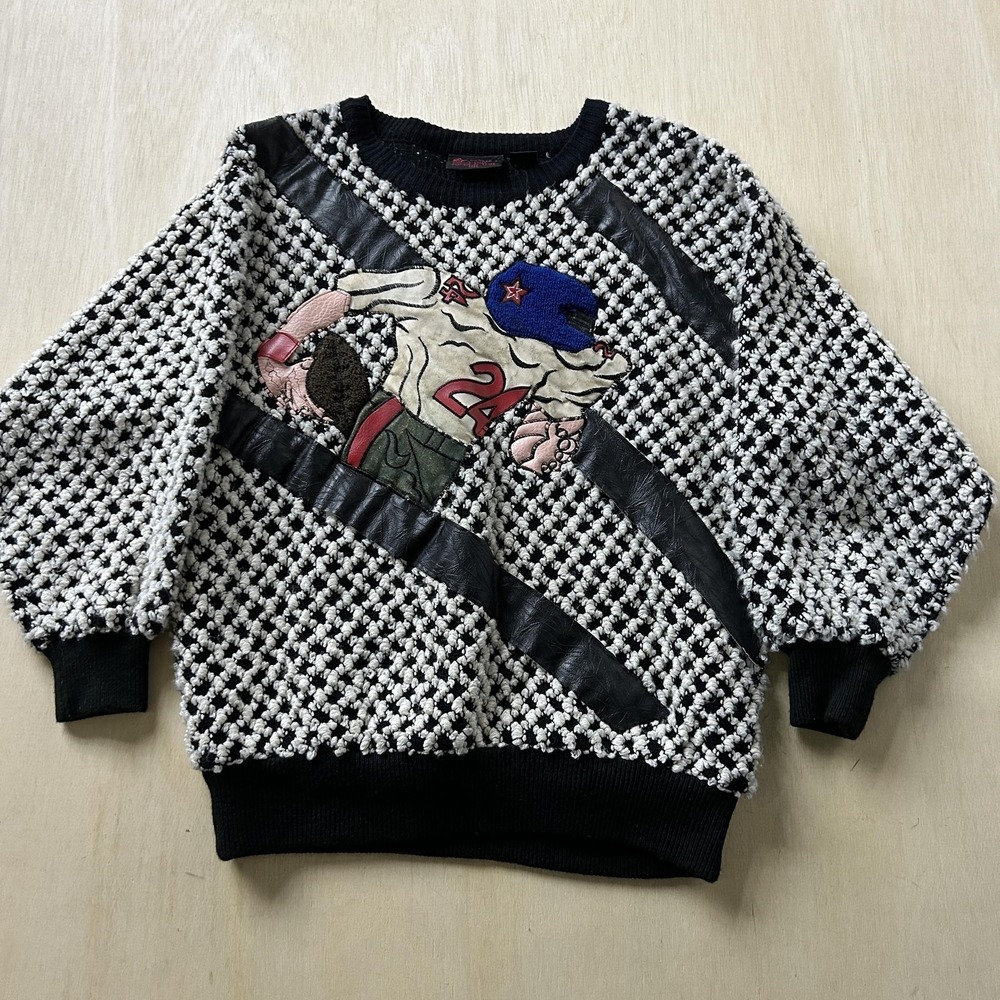 Vintage Rossini Sweater Mens Medium Black Football Graphic Chunky Knit Pullover